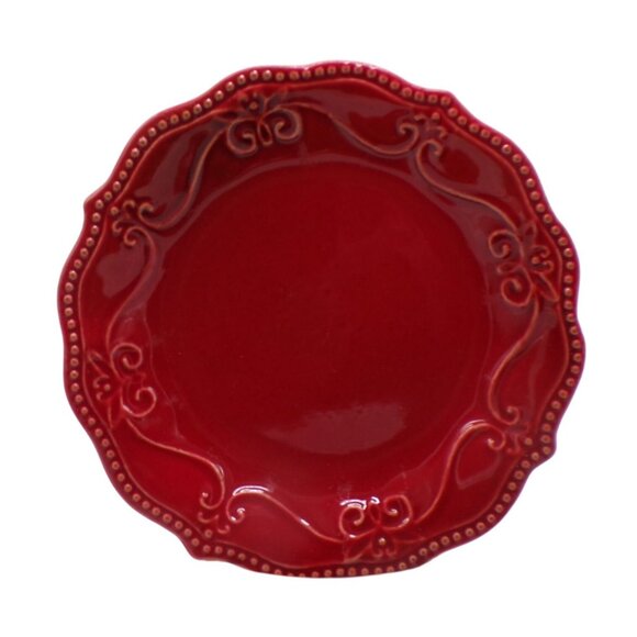 Pioneer Woman Paige Red Scroll Design Beaded Edge Set-2 Salad Plates 8" - Picture 2 of 5